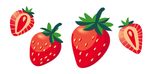 
Set of red strawberries, vector illustration of juicy berries with green leaves, isolated on white background, simple and bright flat style