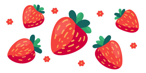 
Set of red strawberries, vector illustration of juicy berries with green leaves, isolated on white background, simple and bright flat style