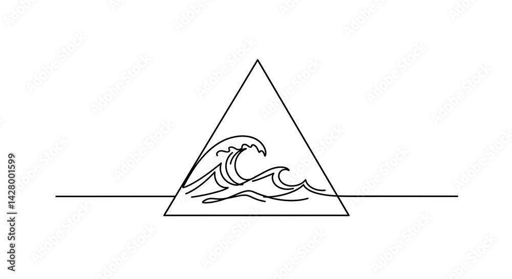 Fototapete Wave crashing into a triangle, single-line contour, abstract ocean symbolism, scalable simplicity