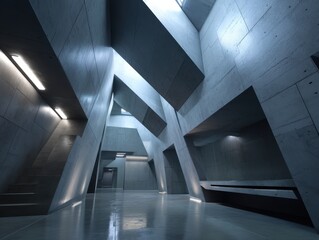 Fototapeta premium Geometric Concrete Hallway: Abstract interior space with angular shapes, concrete texture, and bright, artificial lighting.