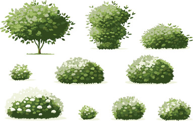 Watercolor illustration of diverse trees, shrubs, and bushes with green foliage in a hand-painted botanical garden scene

