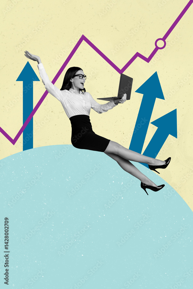 Poster creative abstract collage of person use netbook on pastel blue color background having up arrows ris