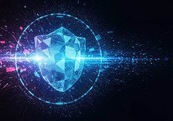 Obraz premium Digital shield glows with energy, protecting data and showcasing network security.