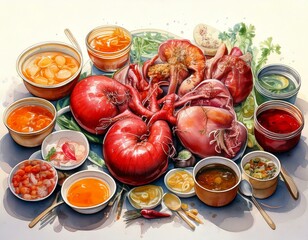 High-Sodium Foods and Kidney Failure: Watercolor Art of High-Sodium Foods Wilting Kidneys