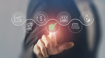 Digital financial approval concept. Business professional interacts with a virtual interface illustrating financial processes, with a green checkmark symbolizing successful approval and completion.