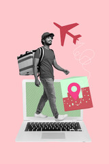 Trend image vertical art photo collage of happy delivery man carry rucksack laptop device airplane...
