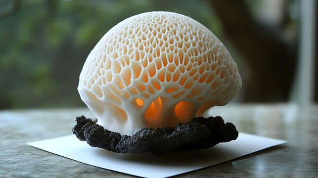 Abstract white lattice dome with orange glows sitting on black porous base resting on white square surface