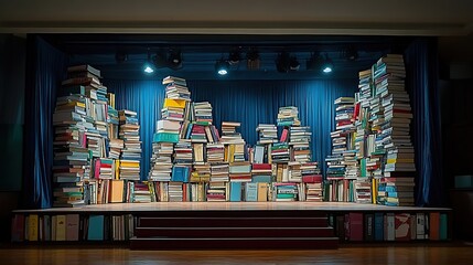 Stacks of books on a stage, creating a city skyline effect