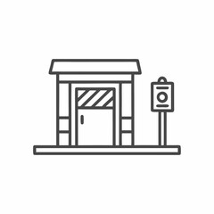 A minimalist bus stop illustration featuring a simple shelter structure with a sign, conveying urban transport.