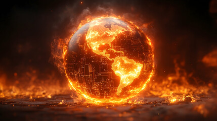 Obraz premium Fiery globe showing continents circuitry and enveloping flames on dark background
