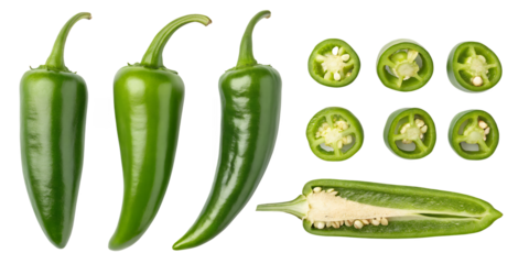 Fresh Green Chilies: A vibrant display of fresh green chili peppers, showcasing whole specimens alongside sliced variations to highlight the inner textures and seeds in a photorealistic image.