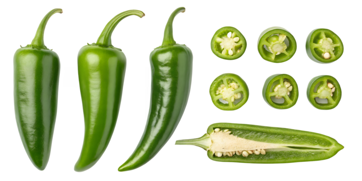 Fresh Green Chilies: A vibrant display of fresh green chili peppers, showcasing whole specimens alongside sliced variations to highlight the inner textures and seeds in a photorealistic image.