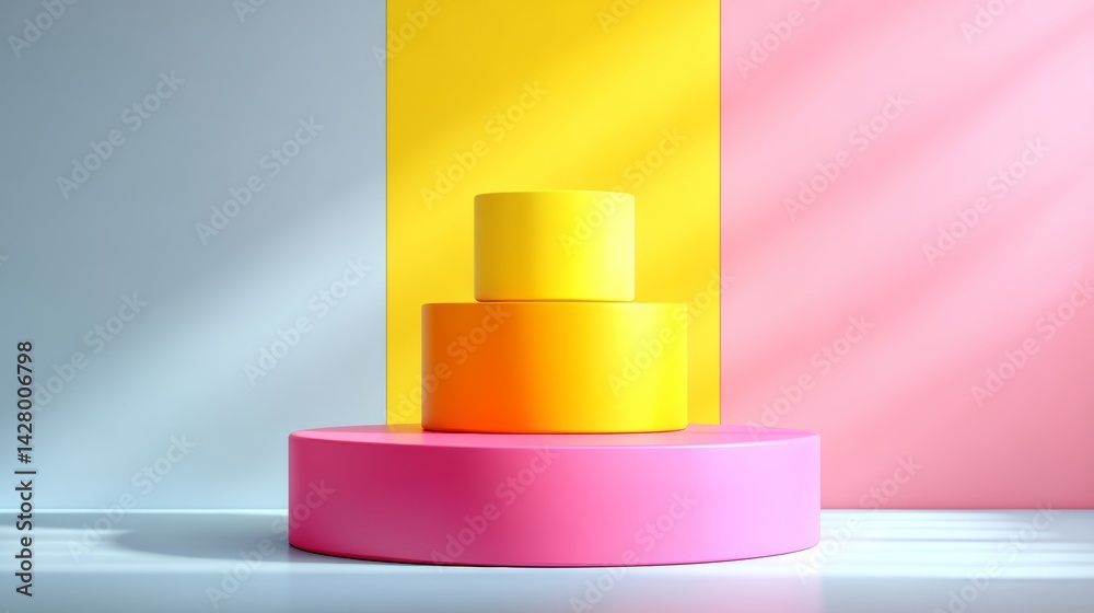 Poster three-tiered cake made of colorful blocks is displayed on a pink pedestal. the blocks are arranged i