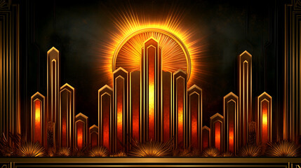 Geometric gold art deco cityscape beneath a shining sunburst dark background with golden detailing