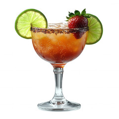 Refreshing strawberry margarita cocktail with lime and chili rim drink on transparent background