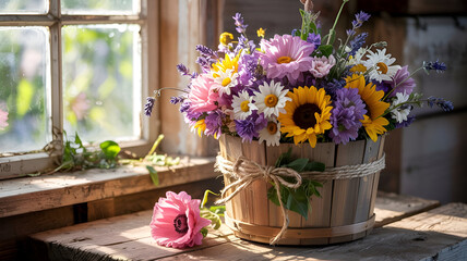 Obraz premium bouquet of flowers in a wooden rustic