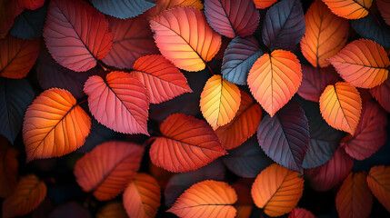 Obraz premium Vibrant autumn foliage displays leaves in shades of red orange and blue densely packed creating a textured canvas