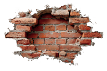 Broken red brick wall texture background hole damaged grunge vintage on transparent background old