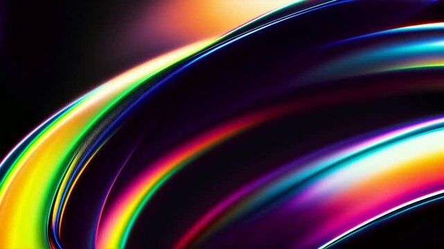 Neon lines of light bending and twisting in digital abstract style, with colors such as green, blue, orange, red on dark background. Lines move in dynamic, fluid manner, creating motion and energy.
