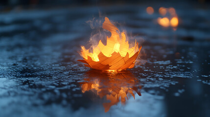 Glowing ember on wet ground reflects light A magical warm and ethereal scene