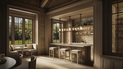 Fototapeta premium Rustic, modern lodge bar area with expansive windows.