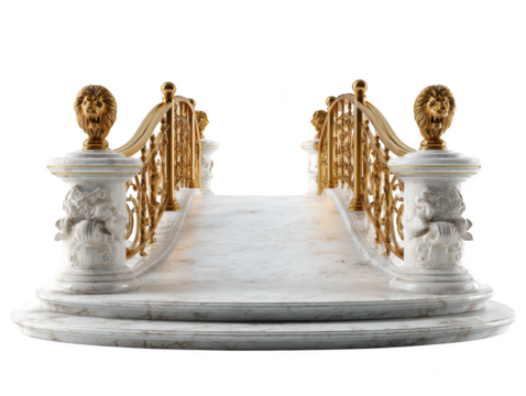 Elegant marble bridge with golden railing and lion statues 3d rich royal on transparent background