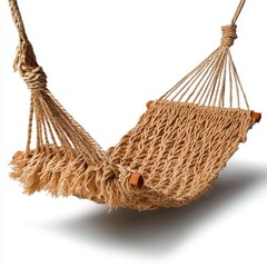 Obraz premium Tan Woven Rope Hammock Hanging Against White Background