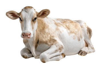 Adorable young calf lying down brown white spots farm animal cow cute calm on transparent background