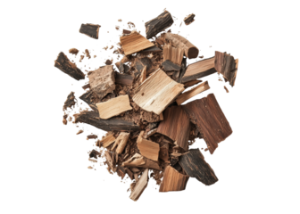 Wood pieces and dust, crushed tree bark isolated on transparent or white background