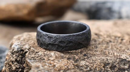 Naklejka premium Black Textured Metal Ring on Rough Rocks