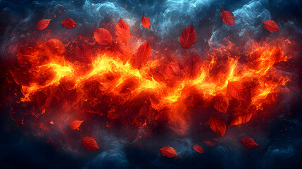 Leaves fall over burning embers against the backdrop of cool blues