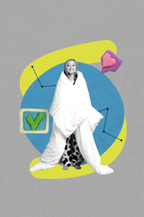 Fototapeta premium Image creative collage of person in pajama with checkmark like 3d icon on grey background