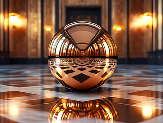 Shiny golden sphere on checkered floor reflecting halls and lights creates symmetrical and opulent atmosphere
