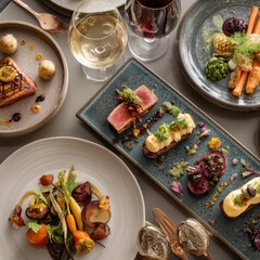 Fine dining menu exclusive concept. Elegant gourmet dishes arranged on stylish plates with wine glasses, showcasing fine dining aesthetics.