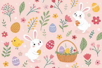 A cheerful repeating pattern on a light pink background features cute cartoon bunnies, yellow chicks, colorful decorated Easter eggs, and spring flowers in pastel hues