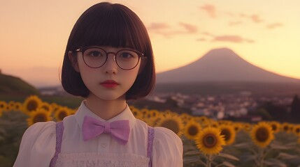 Beautiful Girl in Glasses Sunflower Field Sunset