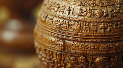 Carved rounded object with intricate patterns and hieroglyphs Golden hue and detailed texture visible