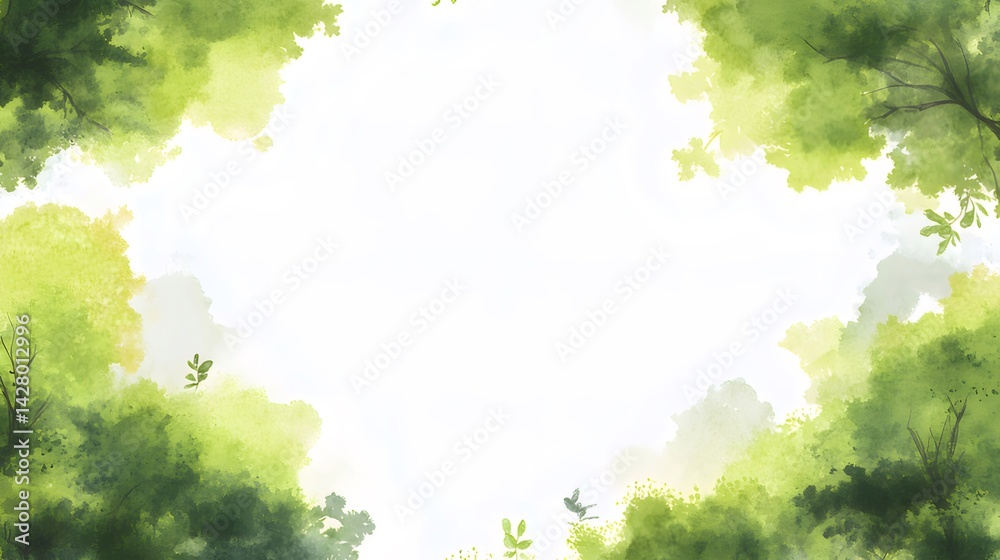 Aufkleber 水彩画で描かれた緑豊かな木々のフレーム 鮮やかな緑色の葉と明るい背景の自然風景