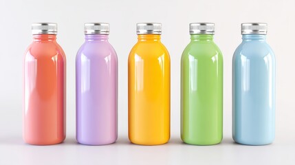 Row of colorful bottles with different shades of blue, green, yellow, and pink. The bottles are lined up next to each other, creating a visually appealing display