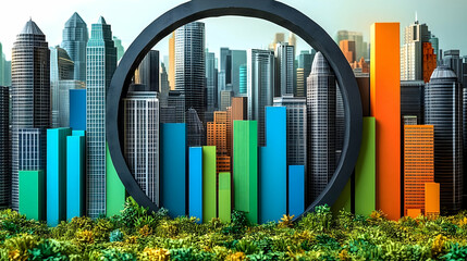Urban landscape featuring a black ring colorful bars and greenery against city buildings