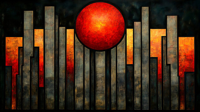 Vertical forms some orange under a large red sun against a dark background textured and stylized