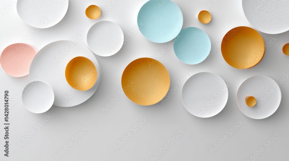 Poster collection of colorful plates arranged in a circle. the plates are of different sizes and colors, cr