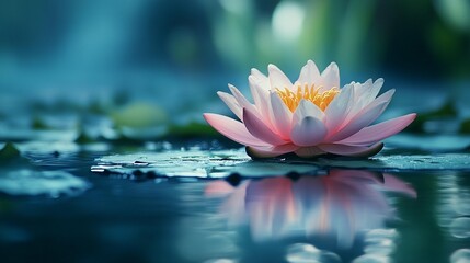 Pink water lily flower blooming on calm water with reflection, serene nature scene.