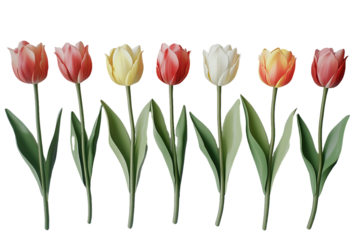 Seven Colorful Tulips on Transparent Background, PNG