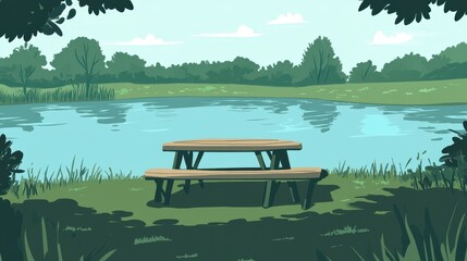 Obraz premium Tranquil park scene with a picnic table by a lake.