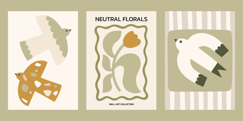 Neutral colors floral vector posters set. Minimalist print designs with flower in whimsical frame and boho doves illustrations