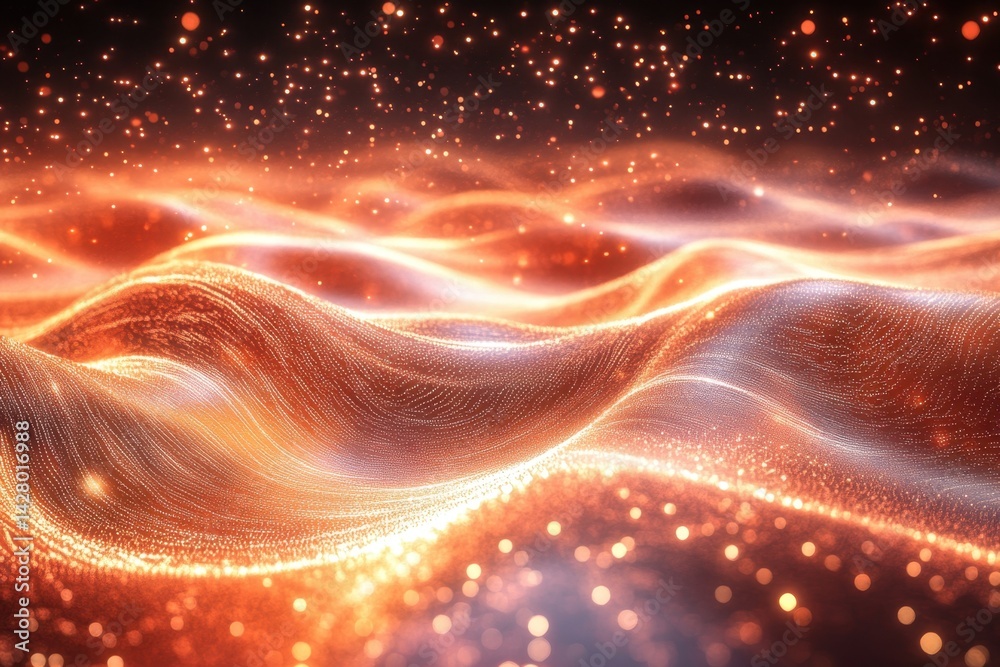Poster waves of shimmering light create a surreal landscape of glowing particles in an abstract setting