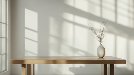 Minimalist interior with wooden table and vase in soft natural light