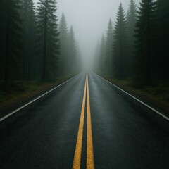 Fototapeta premium A long, winding road disappears into dense fog surrounded by tall evergreen trees. The damp pavement glistens in the soft morning light, creating a serene yet mysterious atmosphere