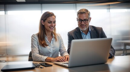 A woman and a man are sitting at a desk looking at a laptop
